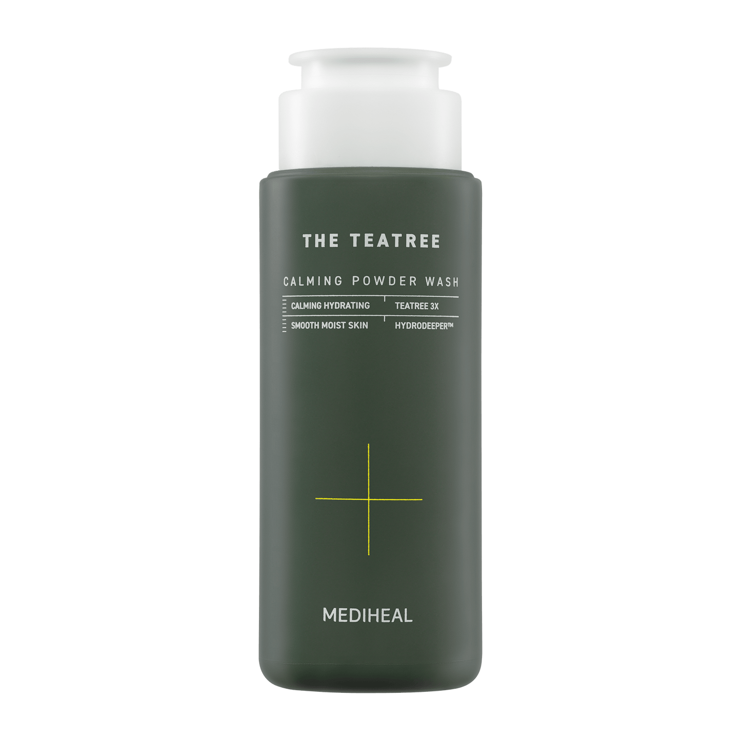 Dark green bottle of Mediheal calming powder wash featuring white text and a minimal yellow cross design on the front