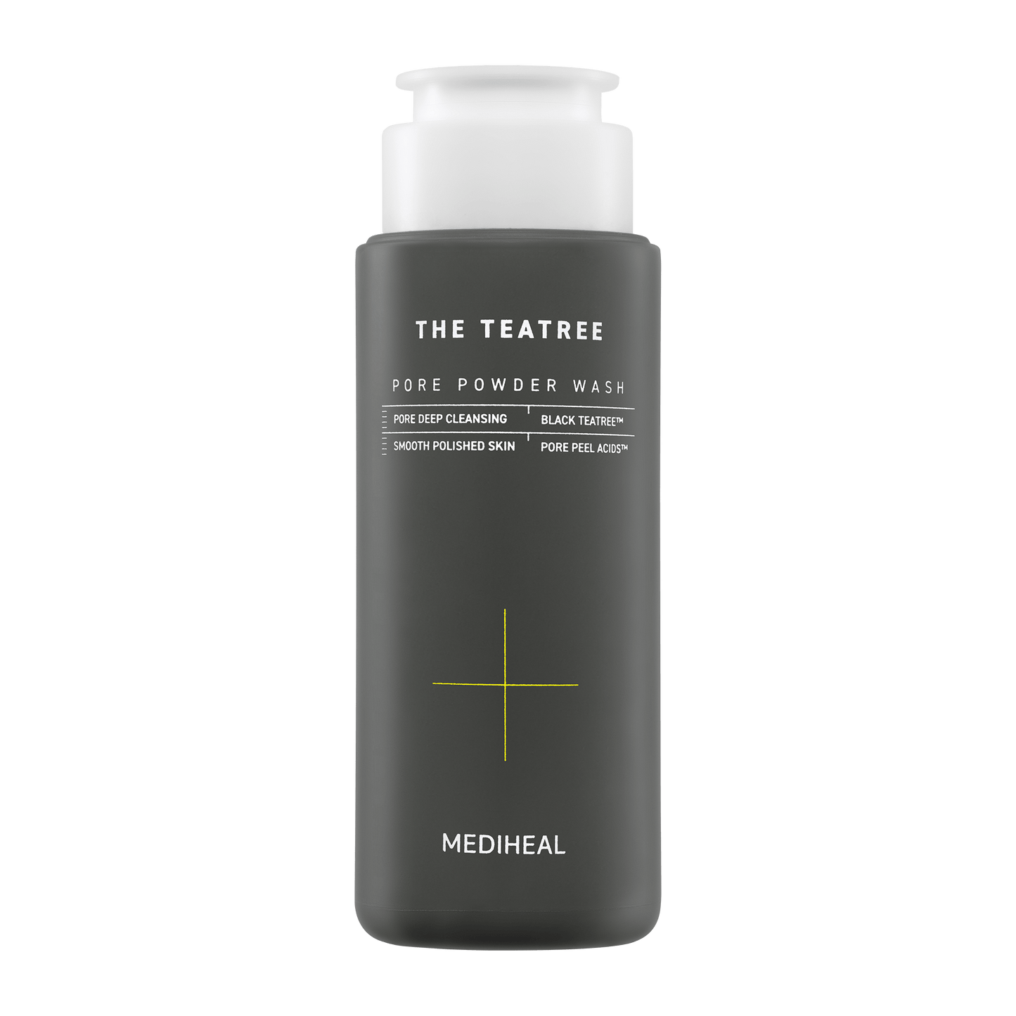 Dark gray bottle of pore powder wash with white cap and minimal white text highlighting cleansing and smoothing benefits