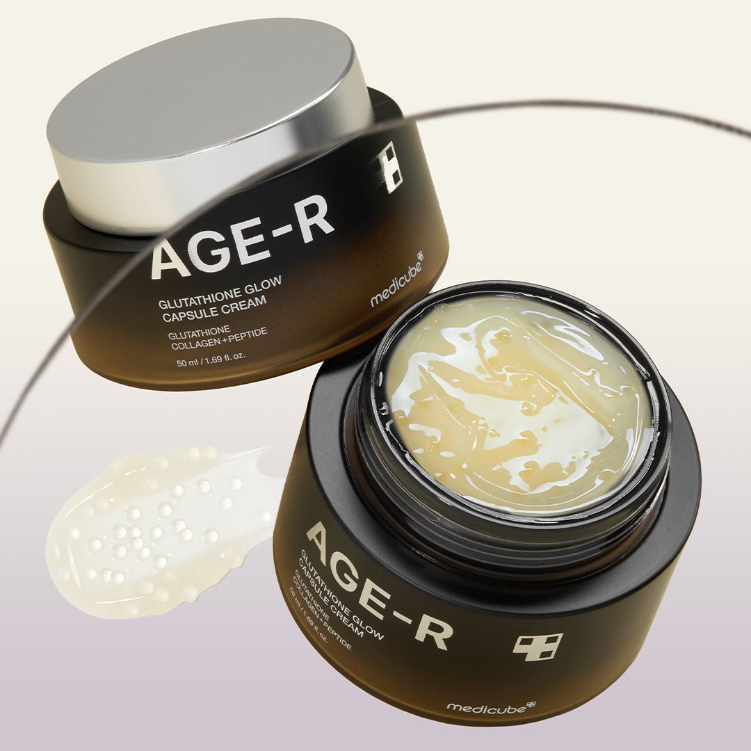 medicube AGE-R Glutathione Glow Capsule Cream 50ml opened jar showing smooth gel cream texture restoring radiance