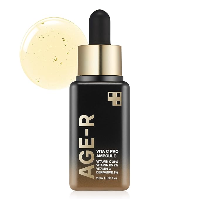 medicube AGE-R Vita C Pro Ampoule 20ml black and gold dropper bottle with brightening vitamin serum texture visible