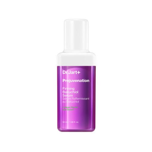 Purple and white bottle of firming Bakuchiol serum labeled Dr.Jart+ Prejuvenation on a white background