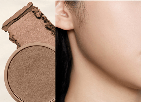 Close-up of smooth, hydrated cheek skin next to crushed and compact jelly blush in soft brown shade for natural glow