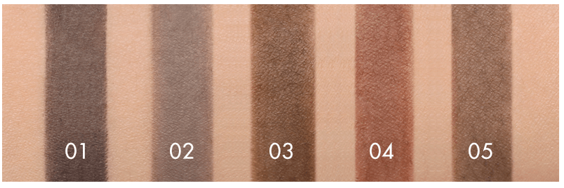Five swatches of eyebrow pencil shades from light to dark on skin showcasing natural look tones