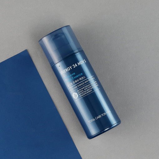 Sleek blue bottle of men's fresh essence designed to boost hydration and provide total skincare benefits