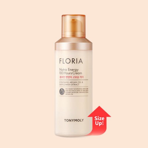 Cream bottle with beige and rose gold cap highlighting long-lasting hydration and nourishing argan and safflower oils