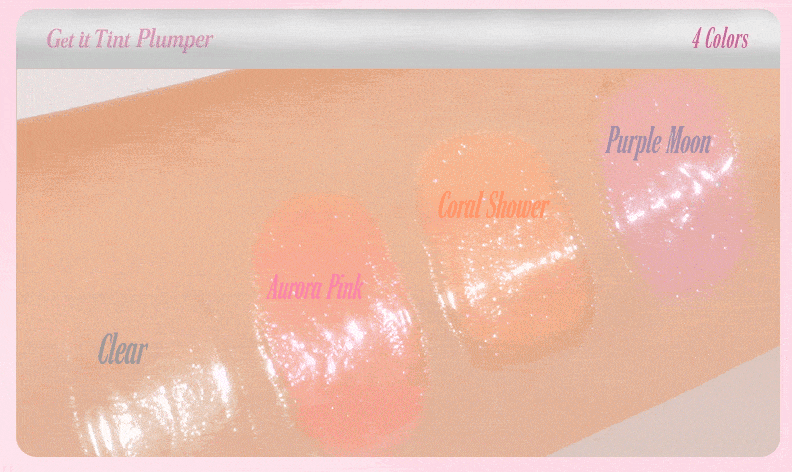 Four glossy lip tint shades applied on skin swatches labeled Clear, Aurora Pink, Coral Shower, and Purple Moon with a shiny finish