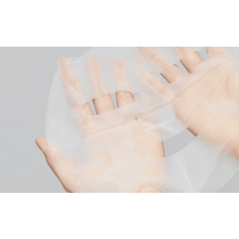 Transparent sheet mask held between hands highlighting lightweight, soothing relief and calming skincare benefits