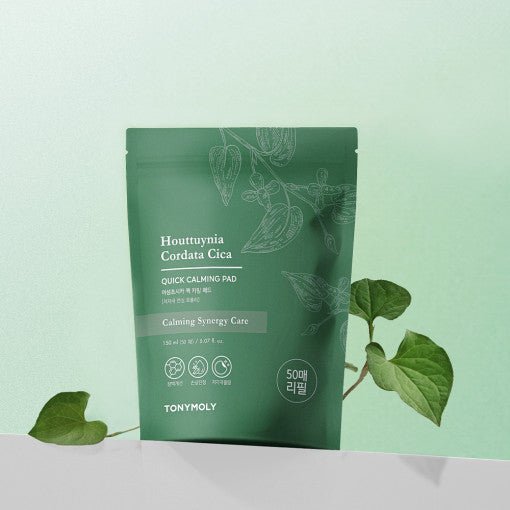 Matte green refill pack for calming care pads with botanical line art on pale green background and leaves nearby