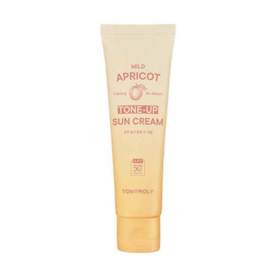 Beige tube of apricot tone-up sun cream with SPF50+ protection and calming, no-sebum formula display