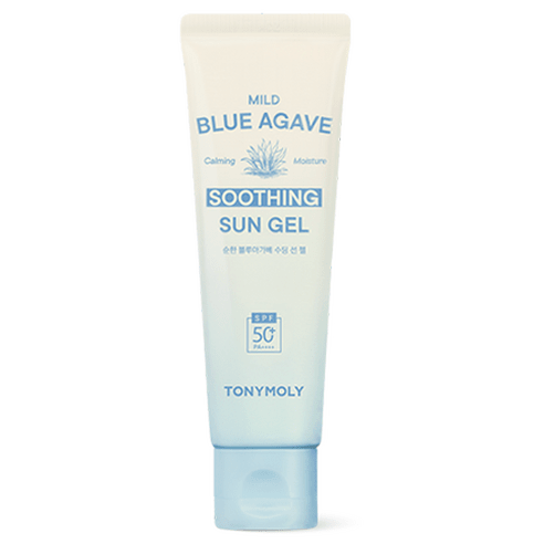 Tube of mild blue agave sun gel with soothing and moisturizing benefits, offering broad spectrum SPF 50+ protection