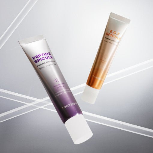 Two floating ampoule tubes with gradient purple and orange tones highlighting firming skincare benefits on a soft gray background
