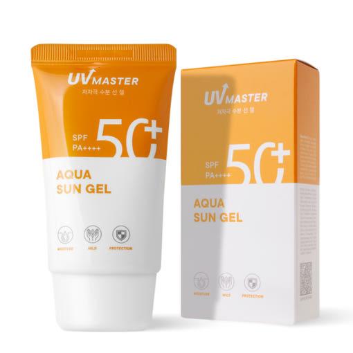 Orange and white tube of high protection sun gel with matching box labeled SPF50+ PA++++ on white background