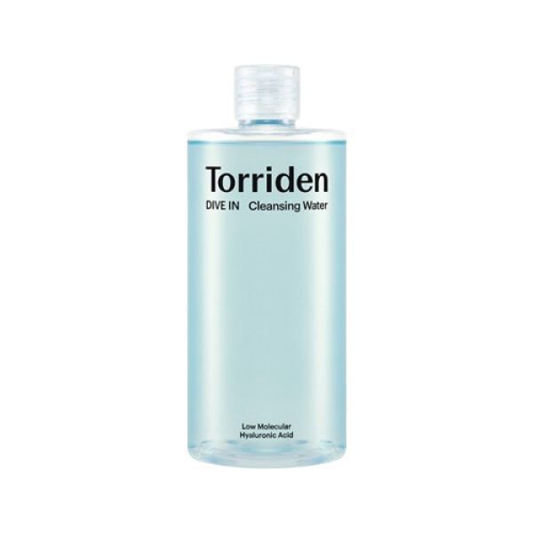 Torriden Dive-In Low Molecular Hyaluronic Acid Cleansing Water 400ml – a vegan formula packaged in a clear light blue bottle.