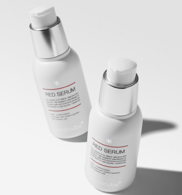 medicube Medicube Red Serum Plus 2.0 55ml in white pump bottles with silver caps for hypoallergenic skin care