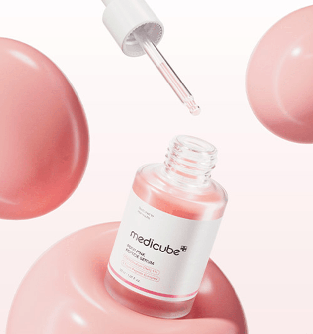 medicube PDRN Pink Peptide Serum 30ml bottle with dropper dispensing liquid for enhanced elasticity care