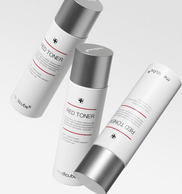 medicube Red Toner 2.0 100ml bottles with silver caps displaying acne treatment formula on clean white background