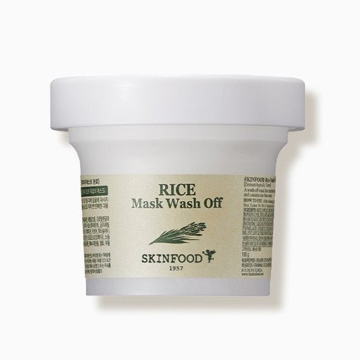 White jar of rice mask wash off with minimalist label emphasizing brightening skincare benefits