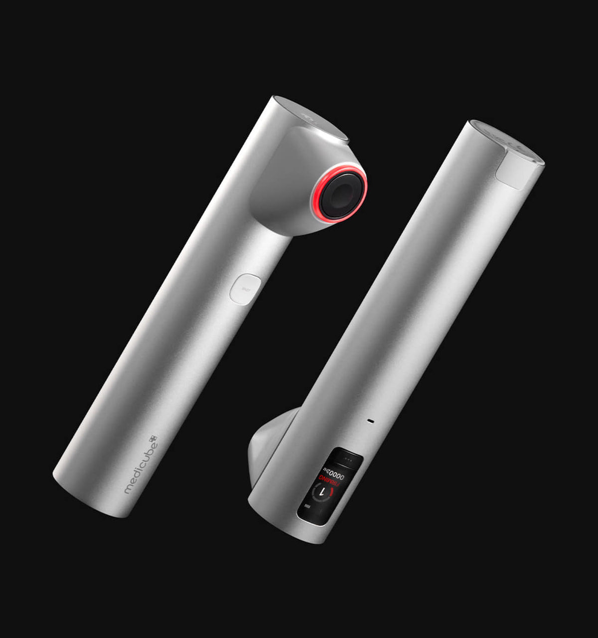 medicube AGE-R HIGH FOCUS SHOT silver device with digital display and circular red light for targeted elasticity care