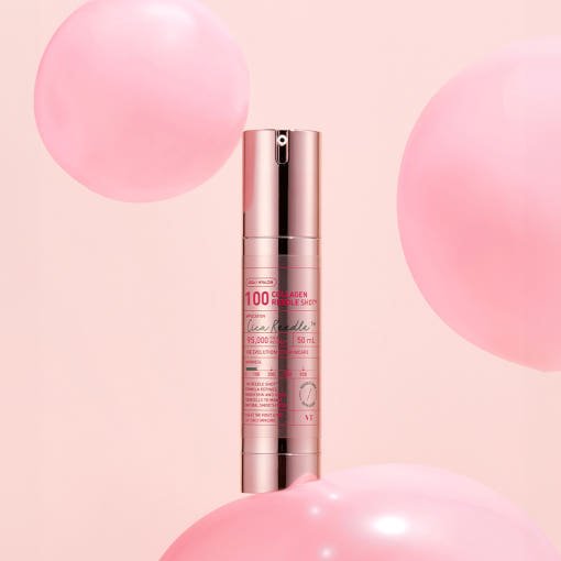 VT Collagen Reedle Shot 100 50ml in sleek pink bottle with floating pink balloons symbolizing skin elasticity boost