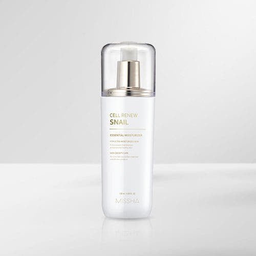 White pump bottle of moisturizing lotion with cell renewing formula and skin repair benefits on light gray background
