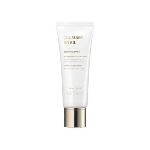 White tube of Cell Renew Snail sleeping mask with gold lettering and metallic cap for overnight skin recovery treatment