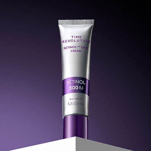 Silver and purple tube of retinol cream emphasizing high potency and enhanced elasticity on a dark purple background