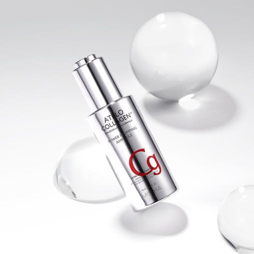 Silver metallic pump bottle of collagen ampoule for wrinkle reduction with clear spherical props on white background