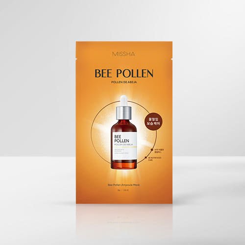 Orange sachet packaging of bee pollen ampoule mask featuring a brown dropper bottle illustration and skin-strengthening benefits