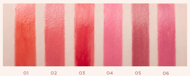 Six swatches of long-lasting tint shades ranging from coral to deep berry on a light background