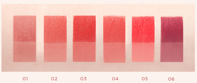 Six smooth application swatches of MISSHA Daretint Melty Velvet lip colors in soft pink to deep berry shades on skin tone background