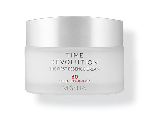 White jar of hydrating essence cream with silver lid and minimalist black and red text on white background
