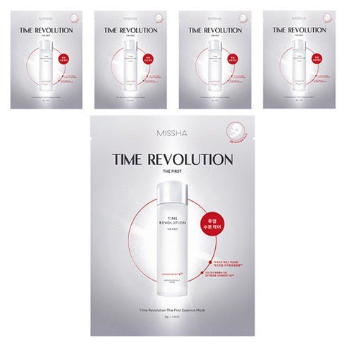 Set of five minimalist silver pouches featuring hydrating essence masks with elegant white bottle imagery and red accent text.
