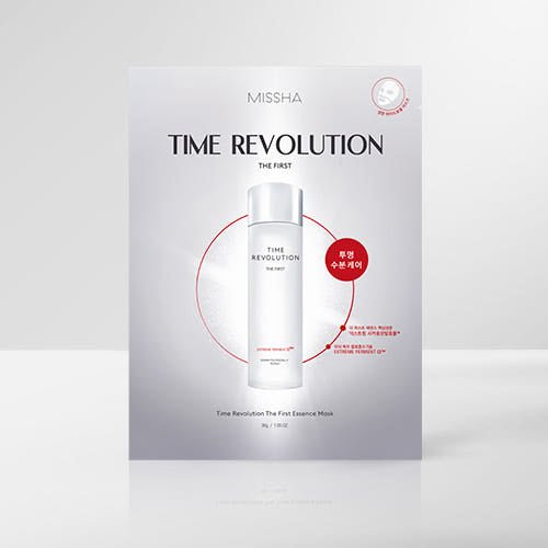 Silver packet of Missha Time Revolution essence mask emphasizing deep hydration and skin revitalizing effects on a clean background