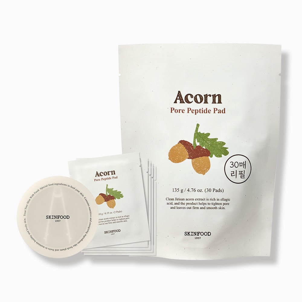 Refill pack and individual peptide pads with acorn illustration for pore tightening and smooth skin care routine