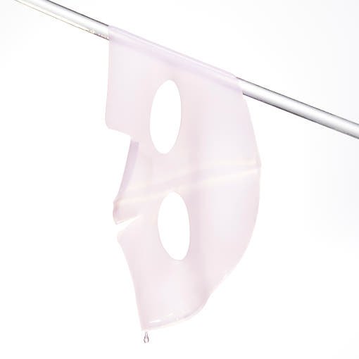 Translucent hydrogel face mask sheet hanging with liquid droplet emphasizing hydration boost benefits