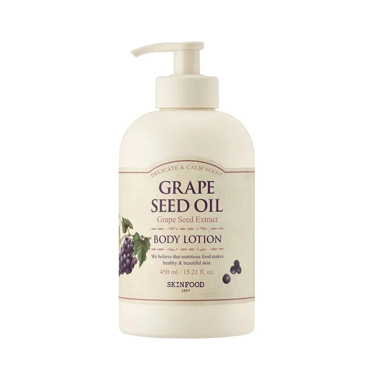 SKINFOOD Grape Seed Oil Body Lotion 450ml bottle with nourishing formula and grape seed extract on label