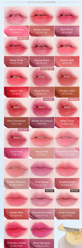 Grid showing close-up lip swatches of 25 moisturizing tint shades from light pinks to deep reds and plums