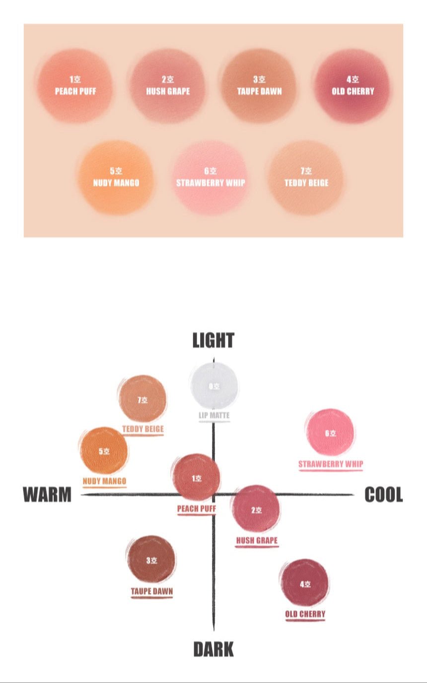 Eight matte lip color swatches arranged by warm, cool, light, and dark tones on pale background.