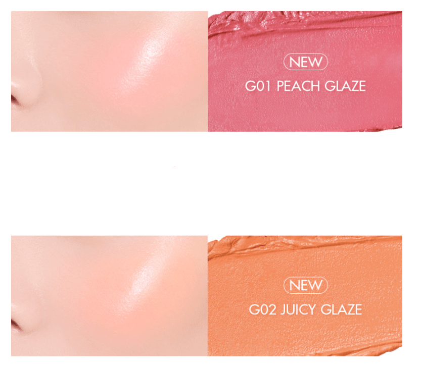 Close-up of cheek highlighting smooth application of two glaze shades: peach pink and soft orange tones.