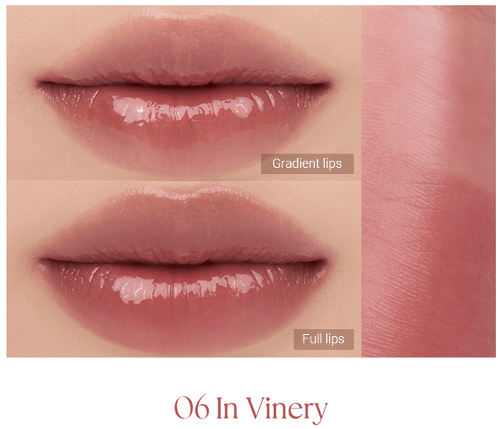 Close-up of lips wearing sheer tinted stick in 06 In Vinery showing gradient and full lip color effects with glossy finish