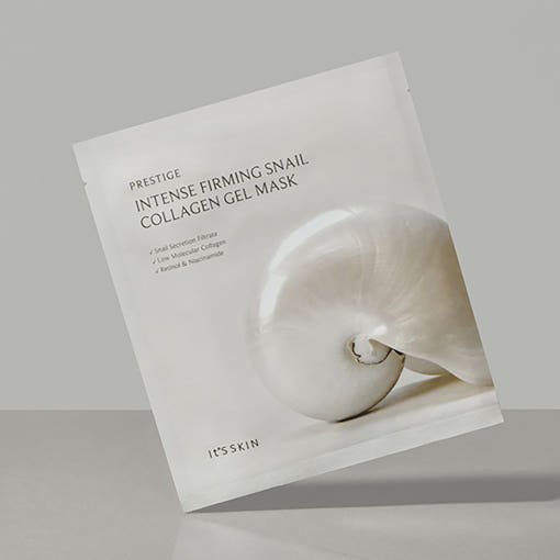Single white sachet of snail collagen gel mask with shell image and minimalist text on neutral background