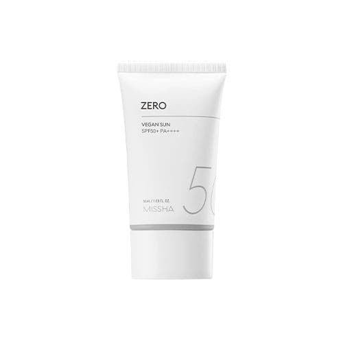 White tube of vegan sun protection lotion with SPF50+ and PA++++ broad-spectrum defense on plain background