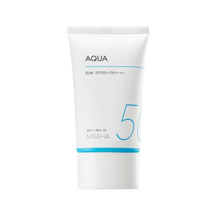 White tube of high protection sunblock with minimalist aqua blue accents and SPF50+ PA++++ on plain white background