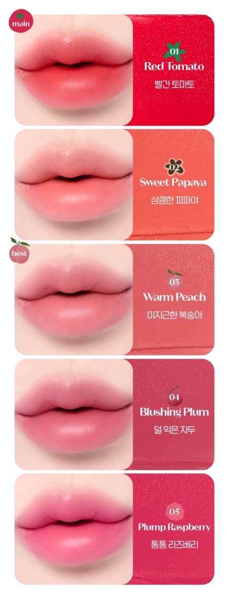 ETUDE Fruity Lip & Cheek Blur Balm 2.3g swatches in five shades showing natural, multi-use lip and cheek color effects