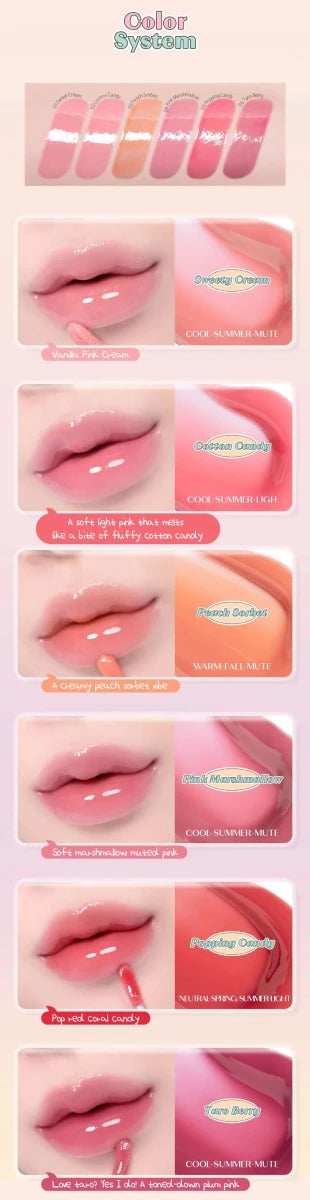 ETUDE Overglowy Gloss #Sarr Sweeties 3g in six shades showing volumizing effect and soft glossy finish