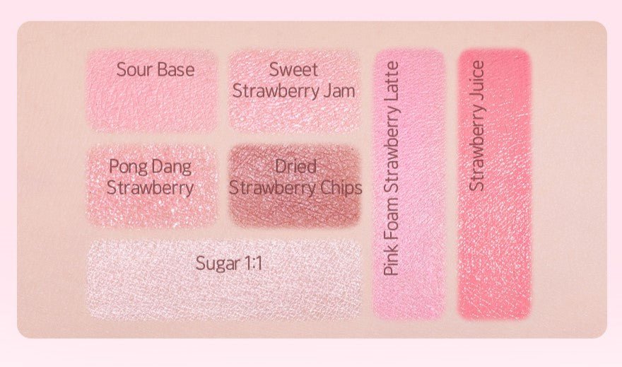 ETUDE Play Multi Eyes #Milky Berry 6.8g swatches showcasing soft hues from pastel pinks to warm berry shades