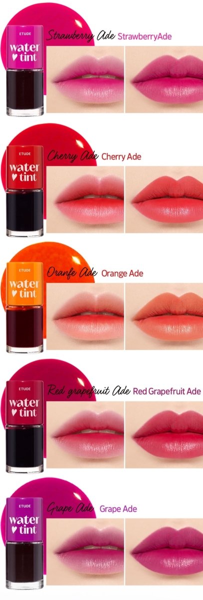 ETUDE Dear Darling Water Tint 9g showing vibrant lip color swatches in Strawberry, Cherry, Orange, Red Grapefruit, and Grape Ade shades