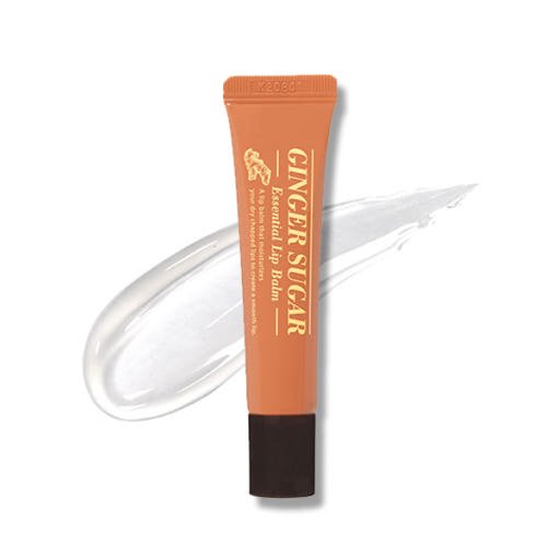 ETUDE Ginger Sugar Essential Lip Balm 15ml in warm orange tube with clear balm swatch showing long-lasting hydration