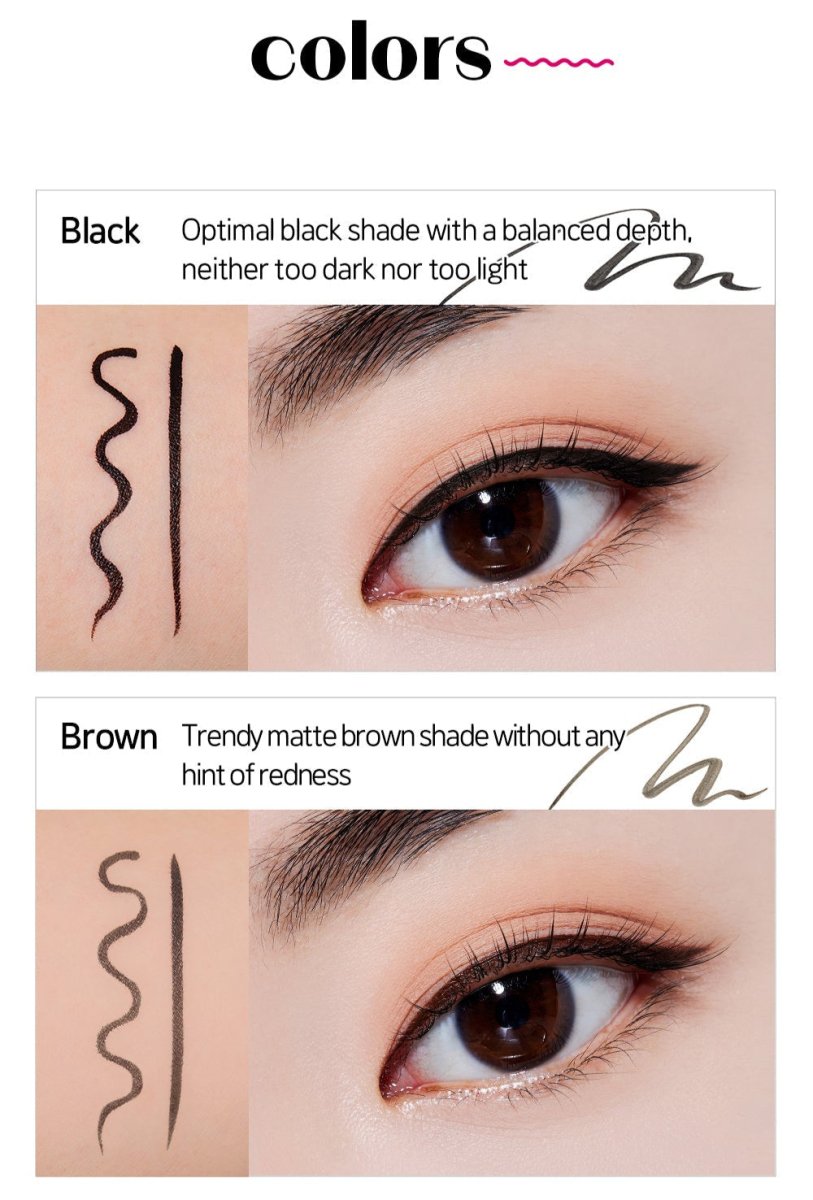 ETUDE Line Fix Brush Liner 0.5g swatches in black and brown with close-up eye makeup showcasing long-lasting color