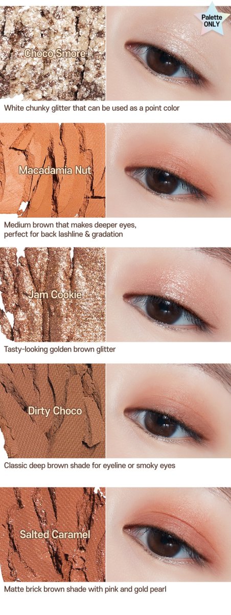 ETUDE Play Color Eyes 9-Color 7.2g #Cookie Chips with rich shades in glittery, matte, and deep brown tones for versatile eye looks